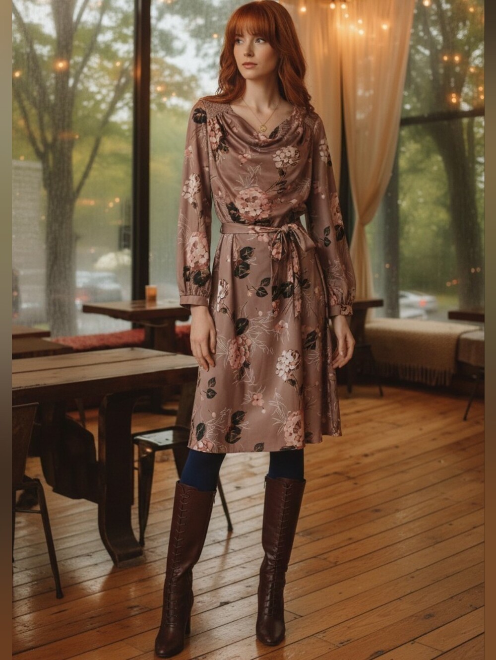 Handmade Vintage 1980's Long Sleeve Floral Midi Dress w/ Sash in Dusty Rose